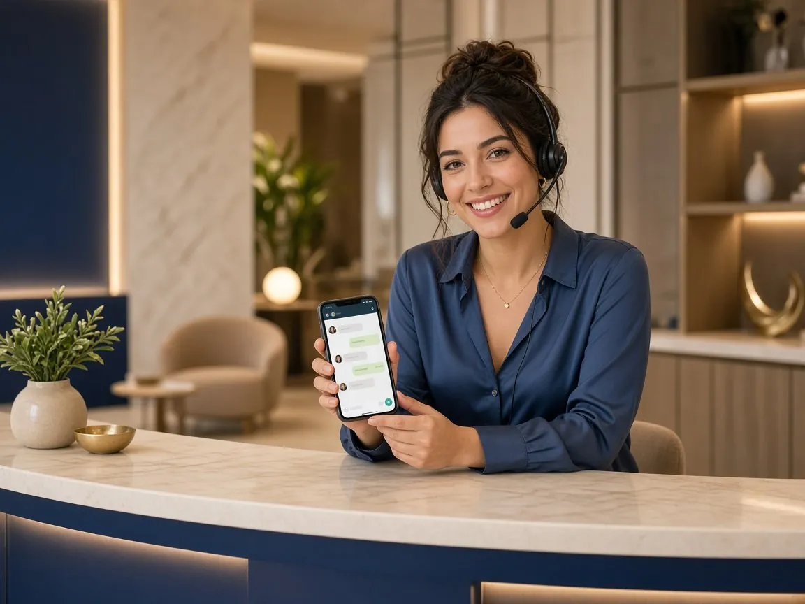 Recepcionista de un negocio enseñando en el móvil cómo Nova atiende a sus clientes